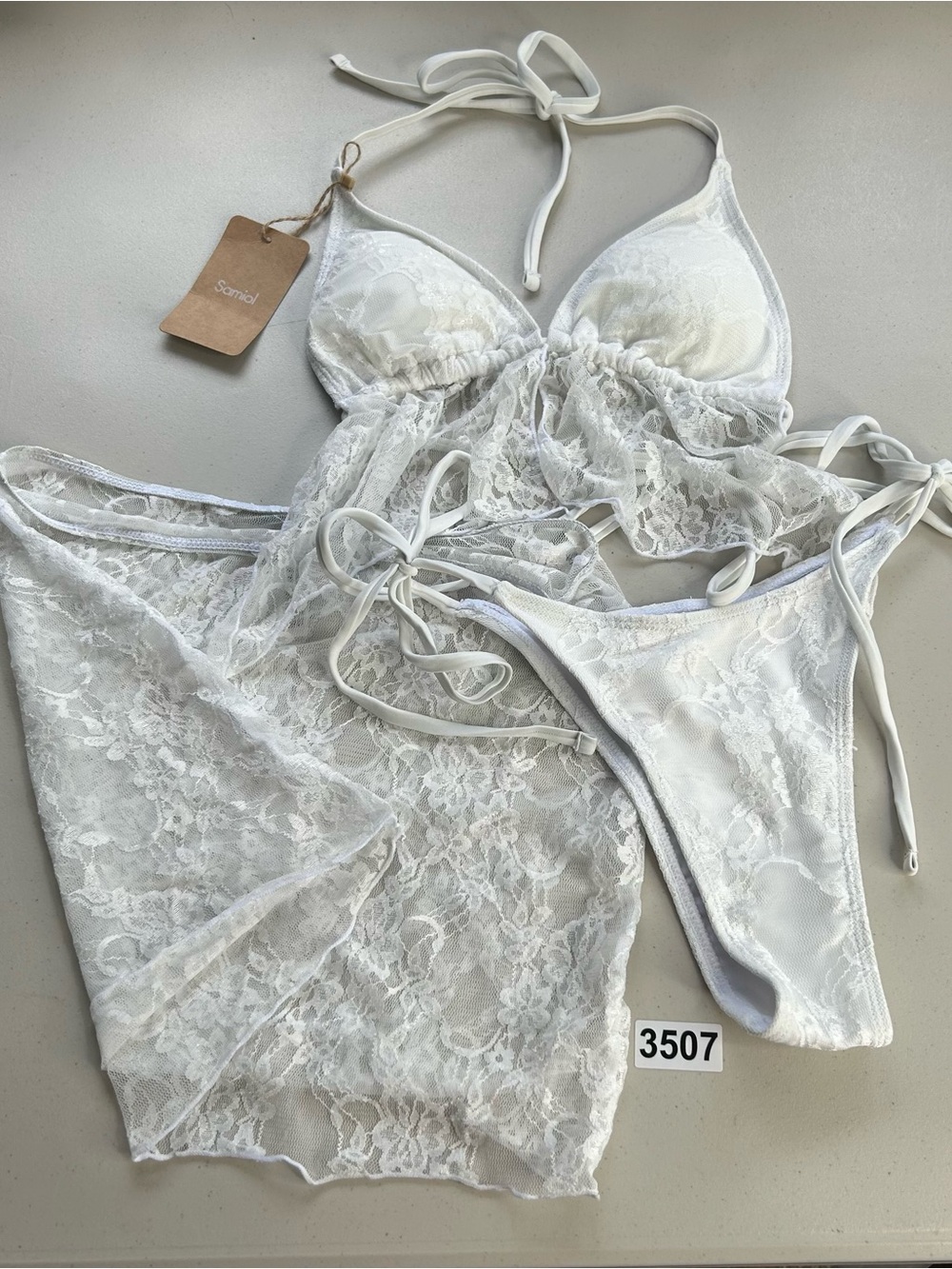 Samiol Tankini Bikini 3 Piece Set Medium White Lace Halter Triangle Top